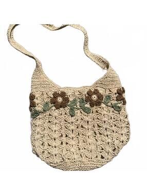 Faded Glory Tan Boho Woven Cross Body With Floral Details